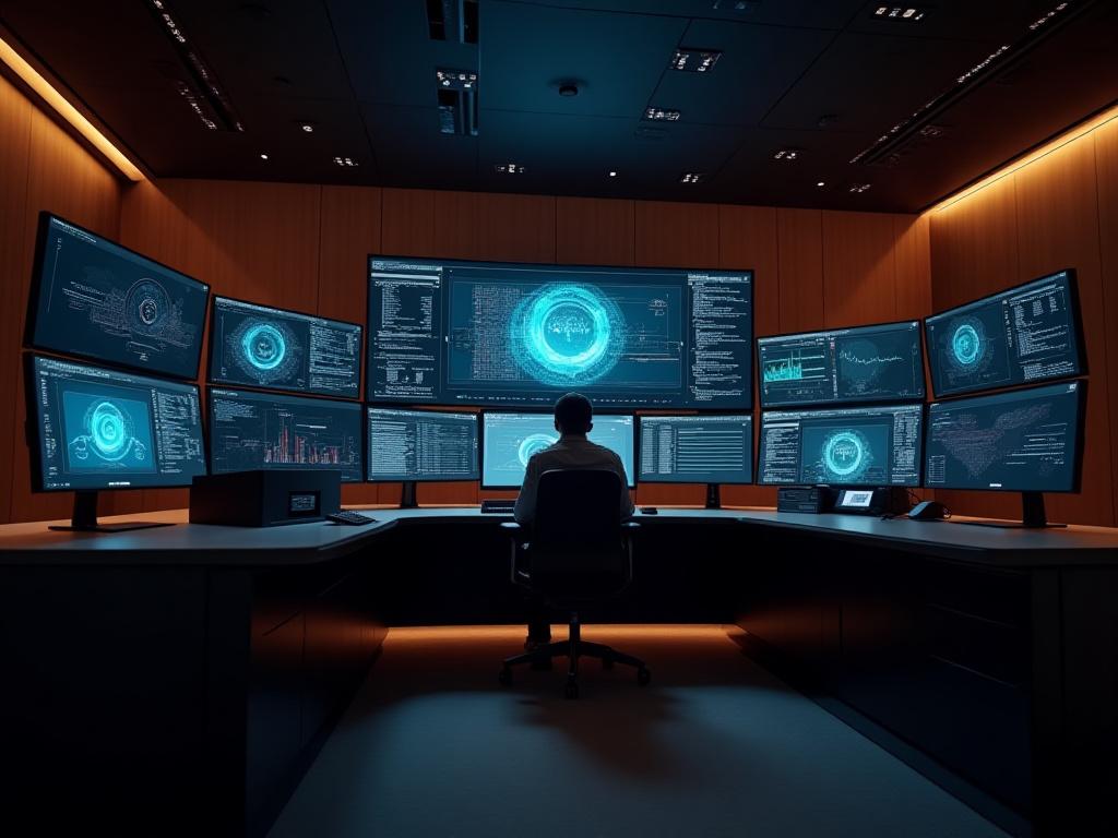 Professional team reviewing digital financial data on large screens in a control room